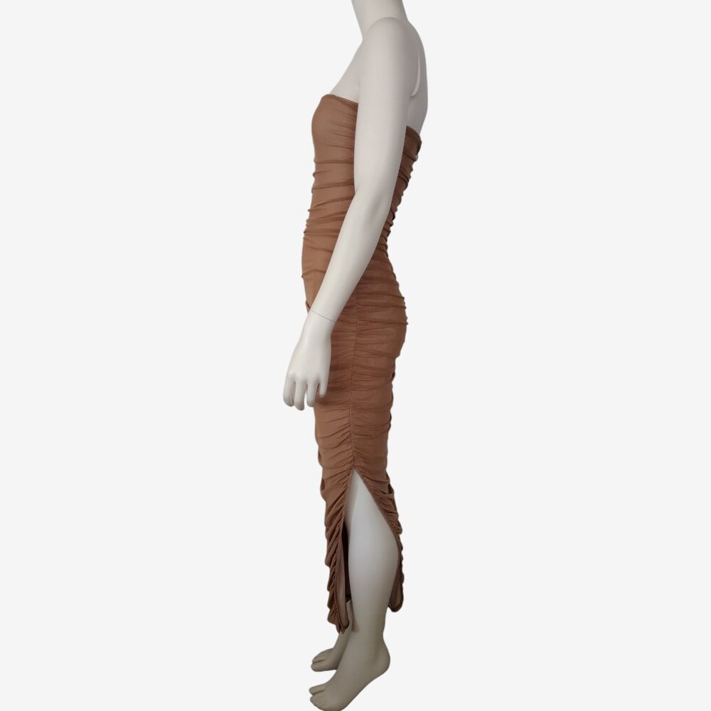 Fashion Nova Tan Mesh Ruched Side Slit Maxi Tube Dress Size S - Picture 4 of 13